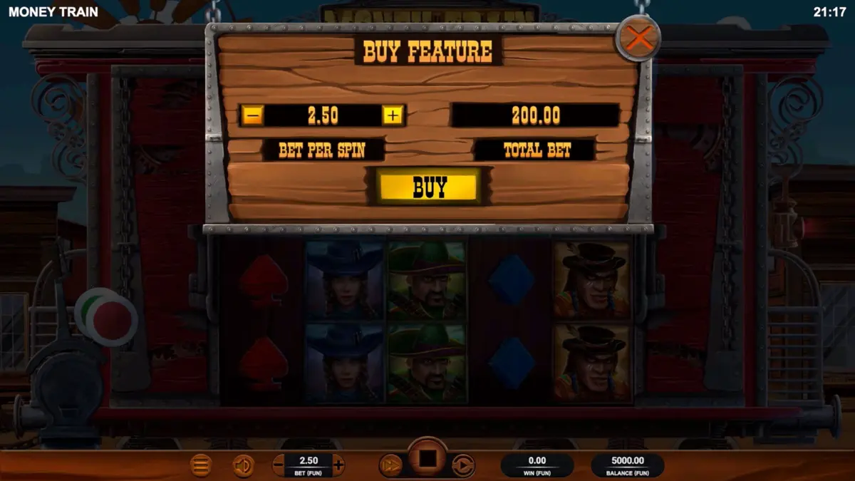 Relax Gaming Money Train reels and Buy Feature screen