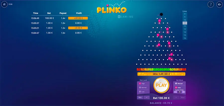 BGaming Plinko settings and payout board