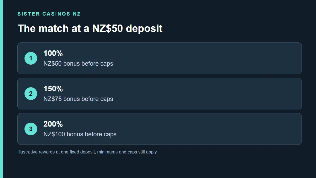 100%; NZ$50 bonus before caps; 150%; NZ$75 bonus before caps; 200%; NZ$100 bonus before caps