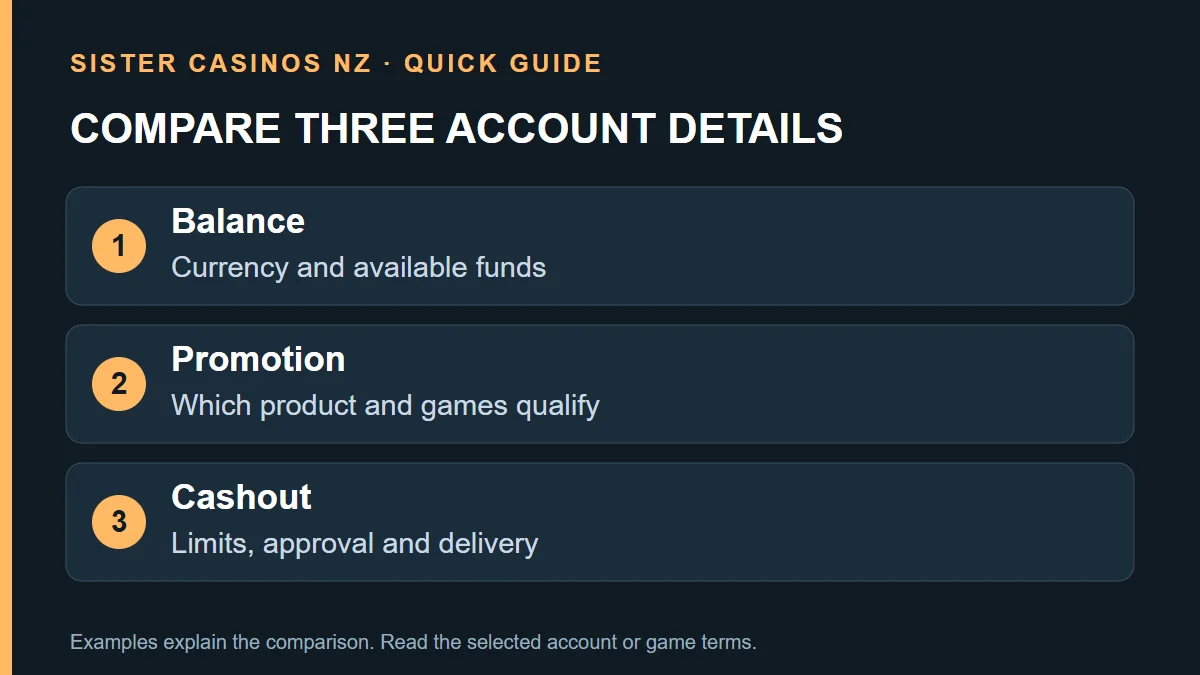 COMPARE THREE ACCOUNT DETAILS: Balance; Currency and available funds; Promotion; Which product and games qualify; Cashout; Limits, approval and delivery