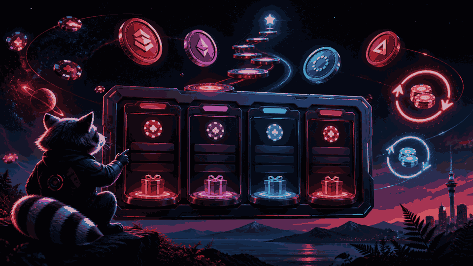 Space-themed casino rank path with cashback orbits and four aligned offer cards