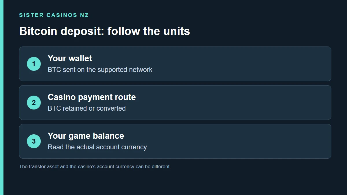 Your wallet; BTC sent on the supported network; Casino payment route; BTC retained or converted; Your game balance; Read the actual account currency