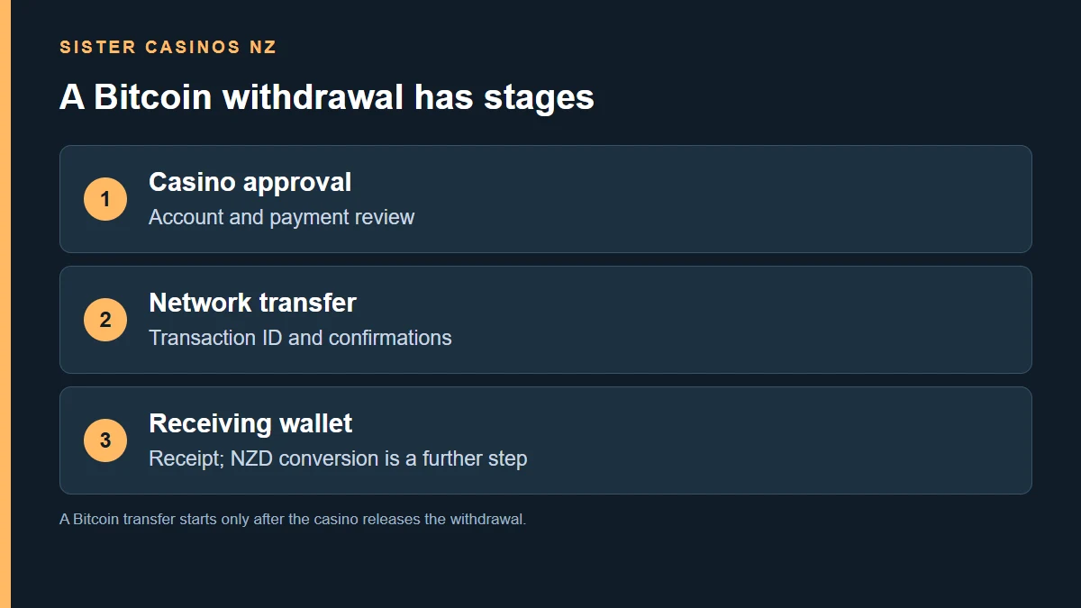 Casino approval; Account and payment review; Network transfer; Transaction ID and confirmations; Receiving wallet; Receipt; NZD conversion is a further step