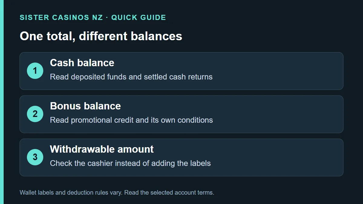 One total, different balances: Cash balance; Read deposited funds and settled cash returns; Bonus balance; Read promotional credit and its own conditions; Withdrawable amount; Check the cashier instead of adding the labels
