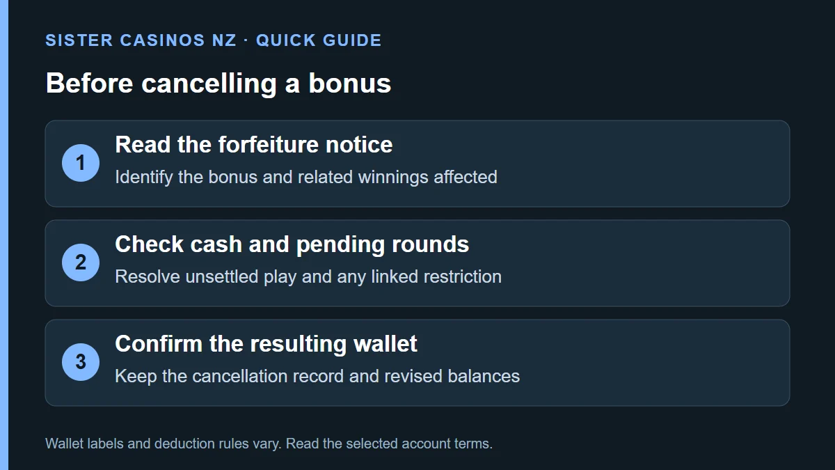 Before cancelling a bonus: Read the forfeiture notice; Identify the bonus and related winnings affected; Check cash and pending rounds; Resolve unsettled play and any linked restriction; Confirm the resulting wallet; Keep the cancellation record and revised balances