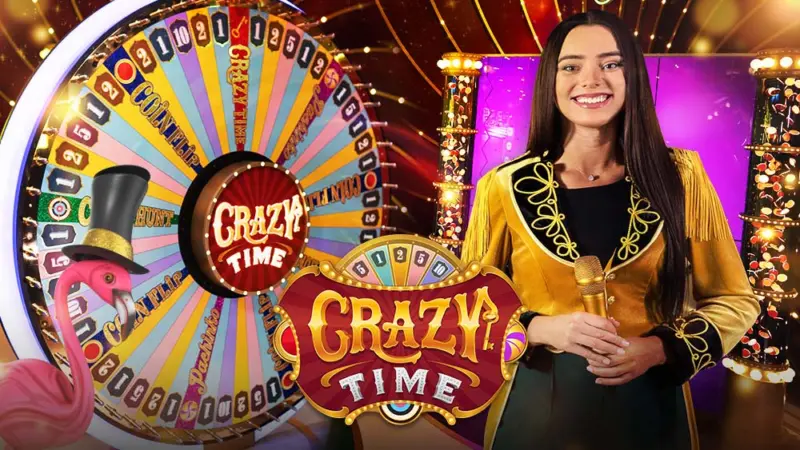 Crazy Time live game show presenter and money wheel