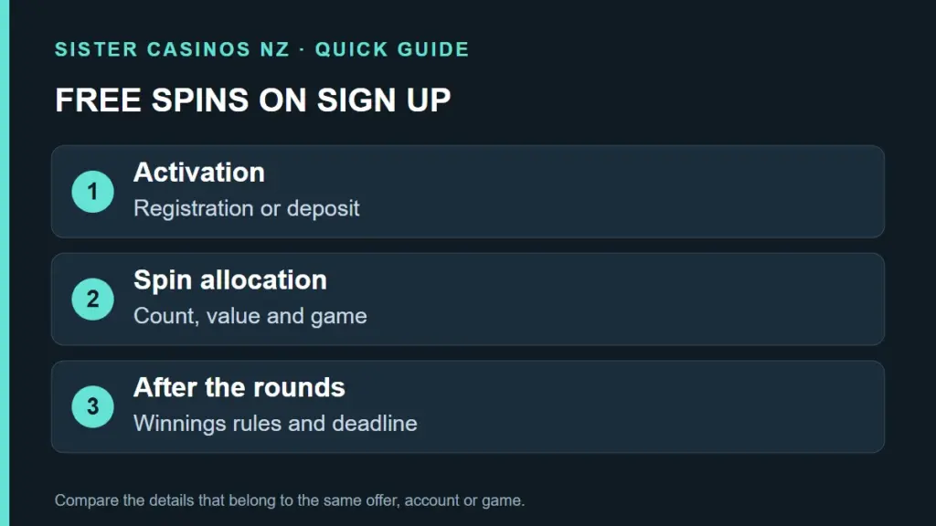 Free Spins on Sign Up NZ: Welcome Spins and Claim Steps guide artwork