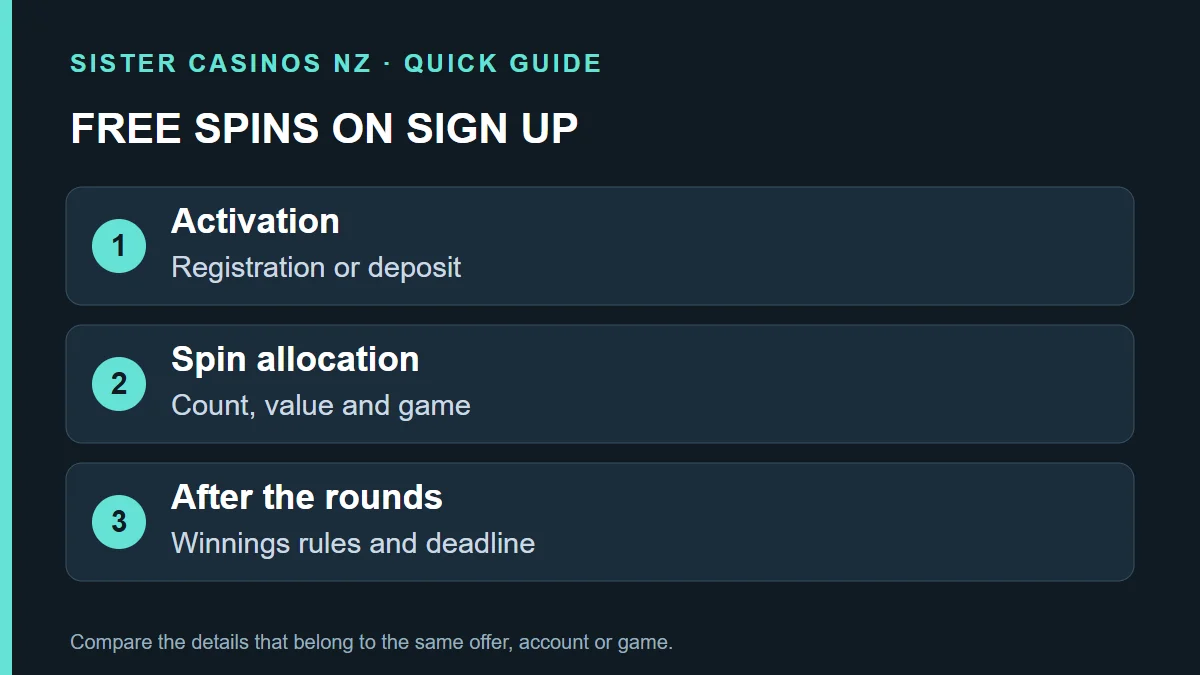 FREE SPINS ON SIGN UP: Activation; Registration or deposit; Spin allocation; Count, value and game; After the rounds; Winnings rules and deadline