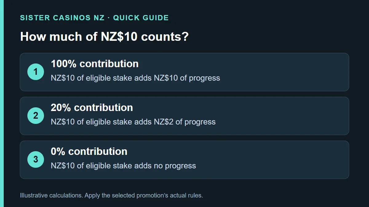 How much of NZ$10 counts?: 100% contribution; NZ$10 of eligible stake adds NZ$10 of progress; 20% contribution; NZ$10 of eligible stake adds NZ$2 of progress; 0% contribution; NZ$10 of eligible stake adds no progress