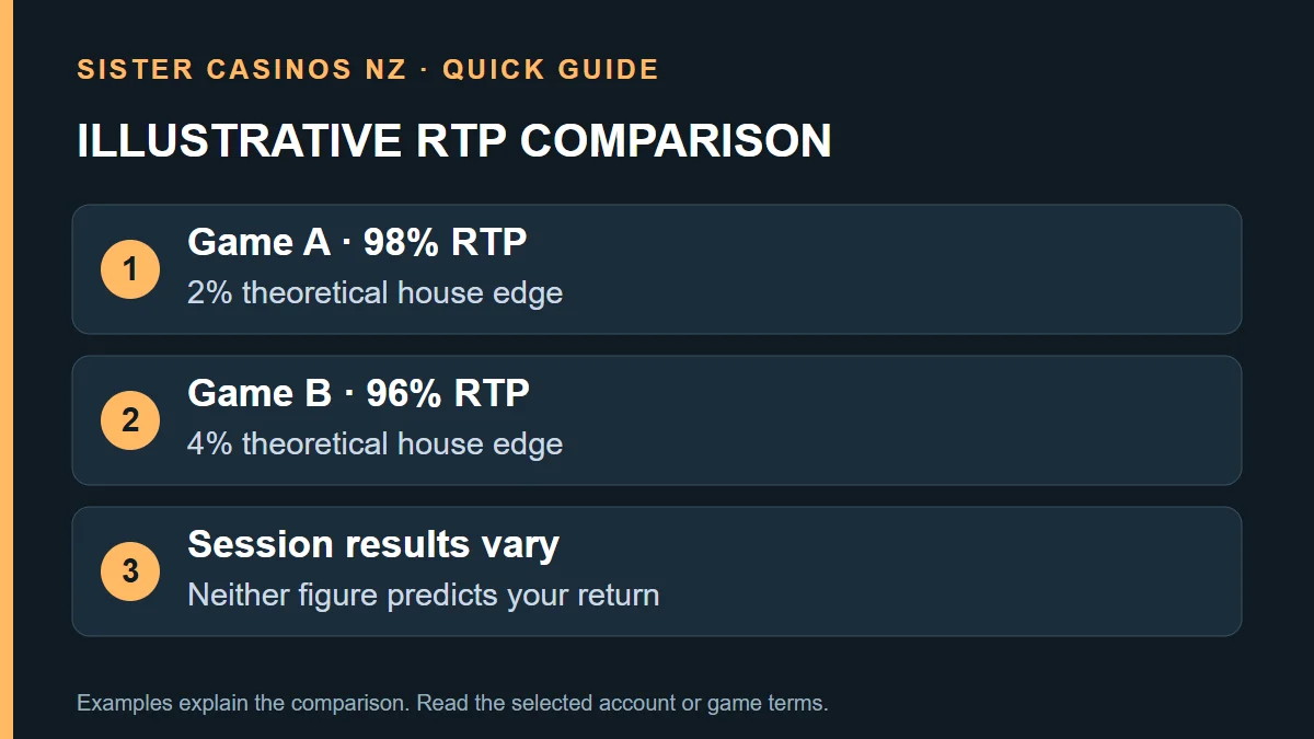 ILLUSTRATIVE RTP COMPARISON: Game A · 98% RTP; 2% theoretical house edge; Game B · 96% RTP; 4% theoretical house edge; Session results vary; Neither figure predicts your return
