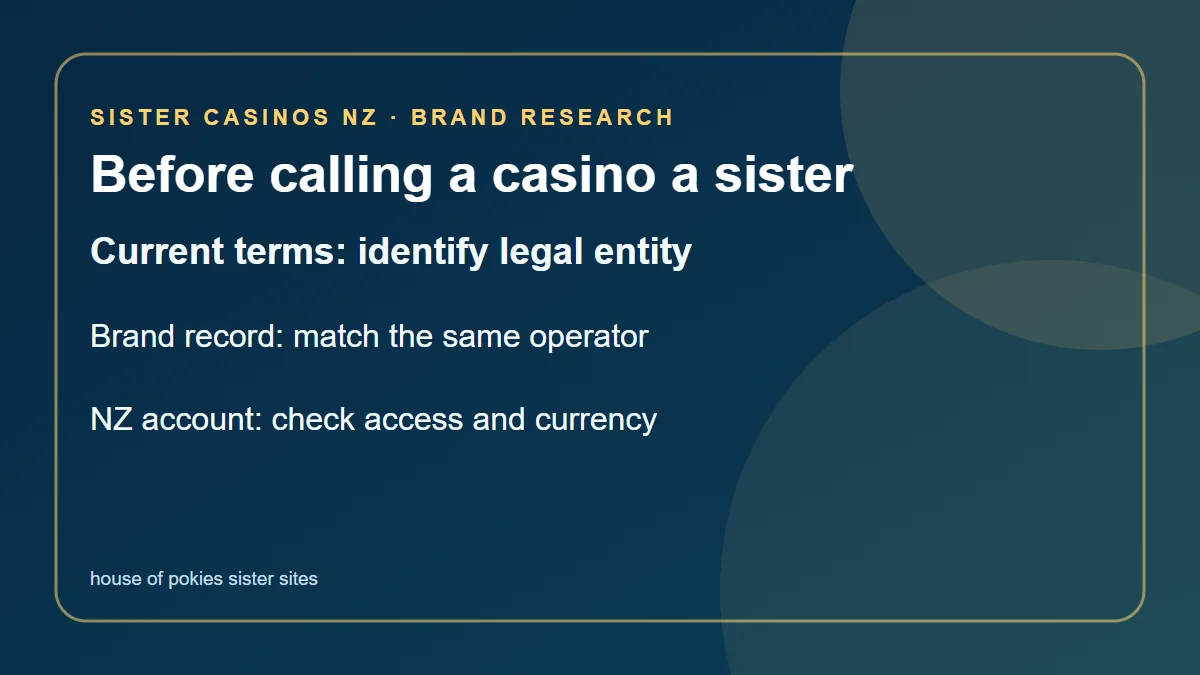 Before calling a casino a sister: Current terms: identify legal entity; Brand record: match the same operator; NZ account: check access and currency