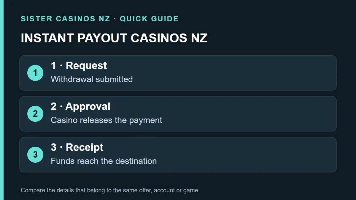 INSTANT PAYOUT CASINOS NZ: 1 · Request; Withdrawal submitted; 2 · Approval; Casino releases the payment; 3 · Receipt; Funds reach the destination