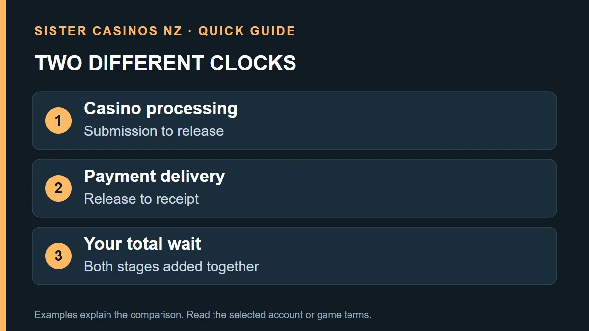TWO DIFFERENT CLOCKS: Casino processing; Submission to release; Payment delivery; Release to receipt; Your total wait; Both stages added together