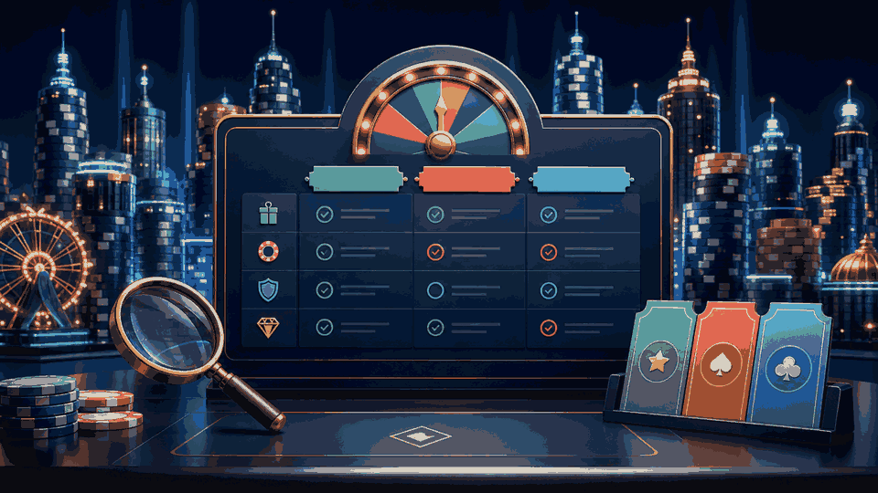 Abstract casino-city bonus comparison with chips and review cards