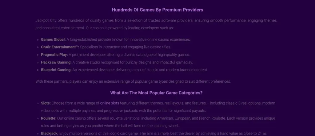The software providers section of jackpotcitycasino.com on 7 September 2026, naming Games Global, Pragmatic Play and OnAir Entertainment