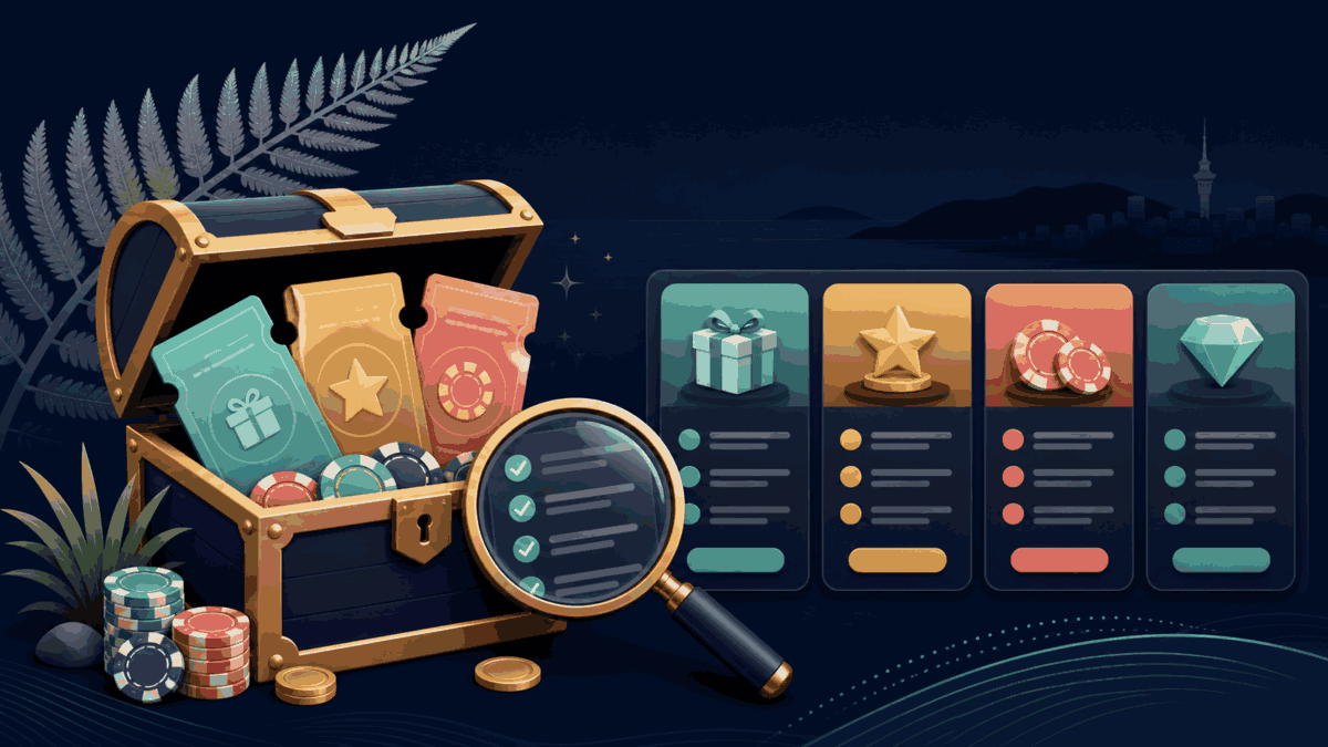 Treasure chest and casino bonus comparison cards for New Zealand players