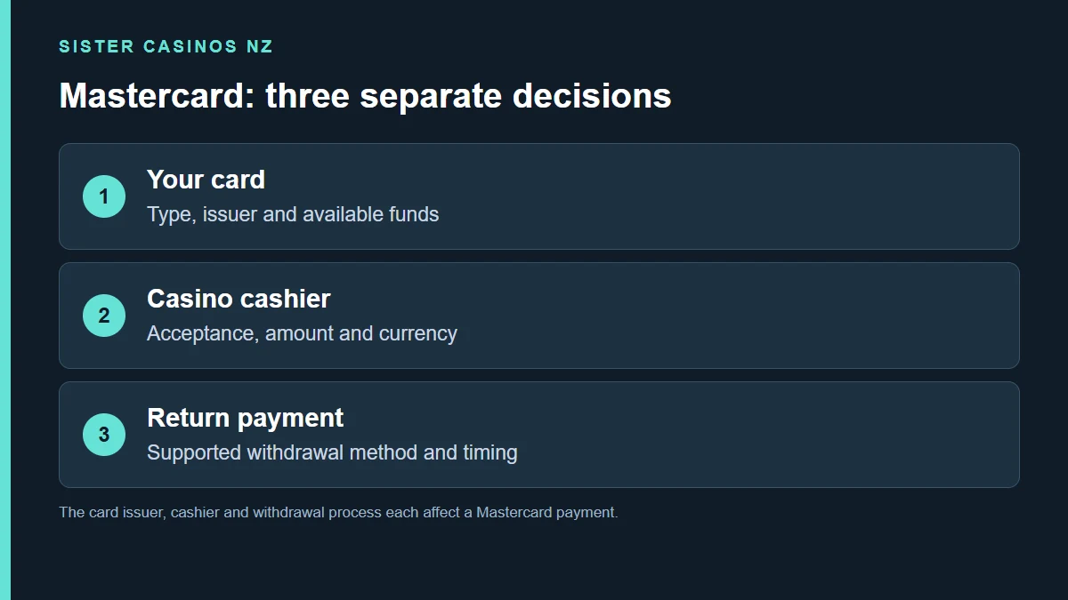 Your card; Type, issuer and available funds; Casino cashier; Acceptance, amount and currency; Return payment; Supported withdrawal method and timing