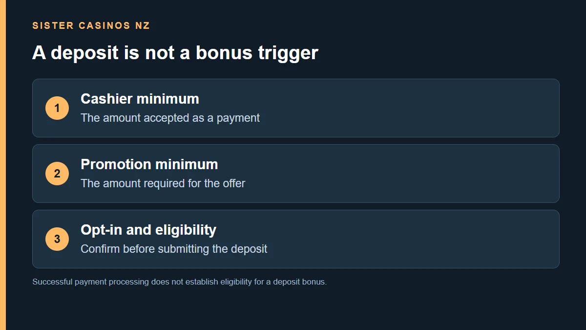 Cashier minimum; The amount accepted as a payment; Promotion minimum; The amount required for the offer; Opt-in and eligibility; Confirm before submitting the deposit