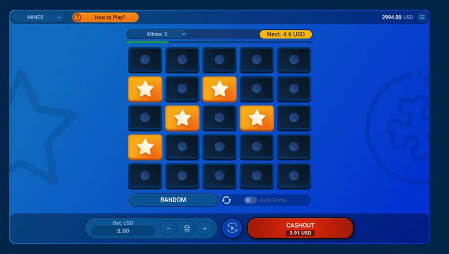 Mines casino game grid and controls
