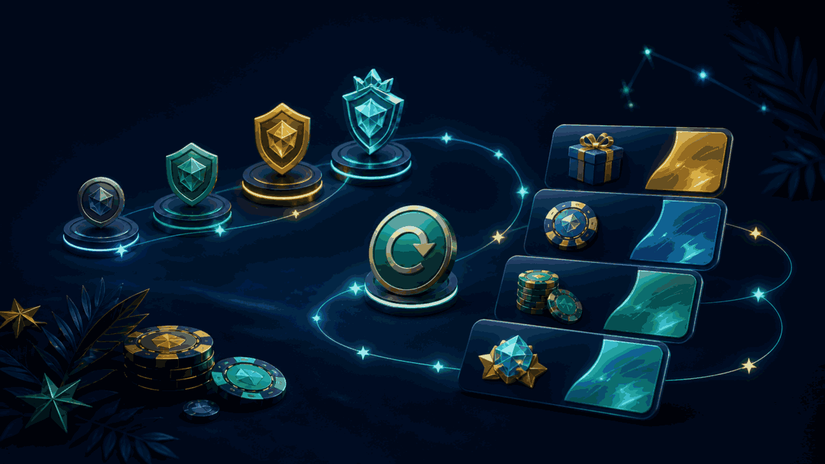 Loyalty tiers, cashback token and casino bonus cards on a dark comparison path