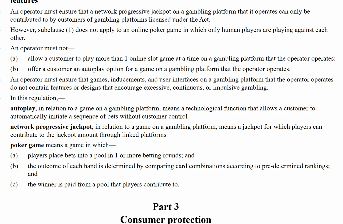 Regulation 14 of the Online Casino Gambling Regulations 2026, requiring that a network progressive jackpot can only be contributed to by customers of platforms licensed under the Act