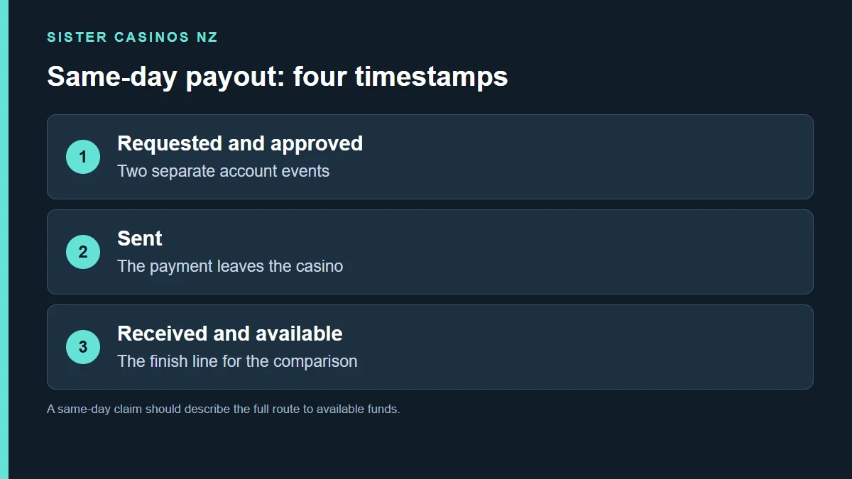 Requested and approved; Two separate account events; Sent; The payment leaves the casino; Received and available; The finish line for the comparison