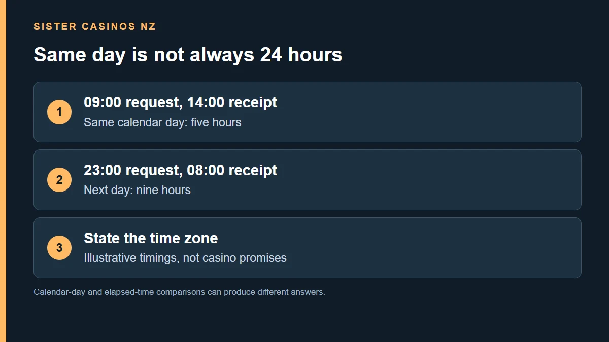 09:00 request, 14:00 receipt; Same calendar day: five hours; 23:00 request, 08:00 receipt; Next day: nine hours; State the time zone; Illustrative timings, not casino promises