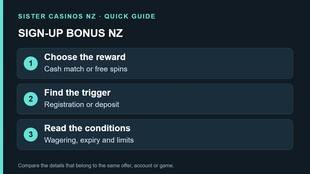 SIGN-UP BONUS NZ: Choose the reward; Cash match or free spins; Find the trigger; Registration or deposit; Read the conditions; Wagering, expiry and limits