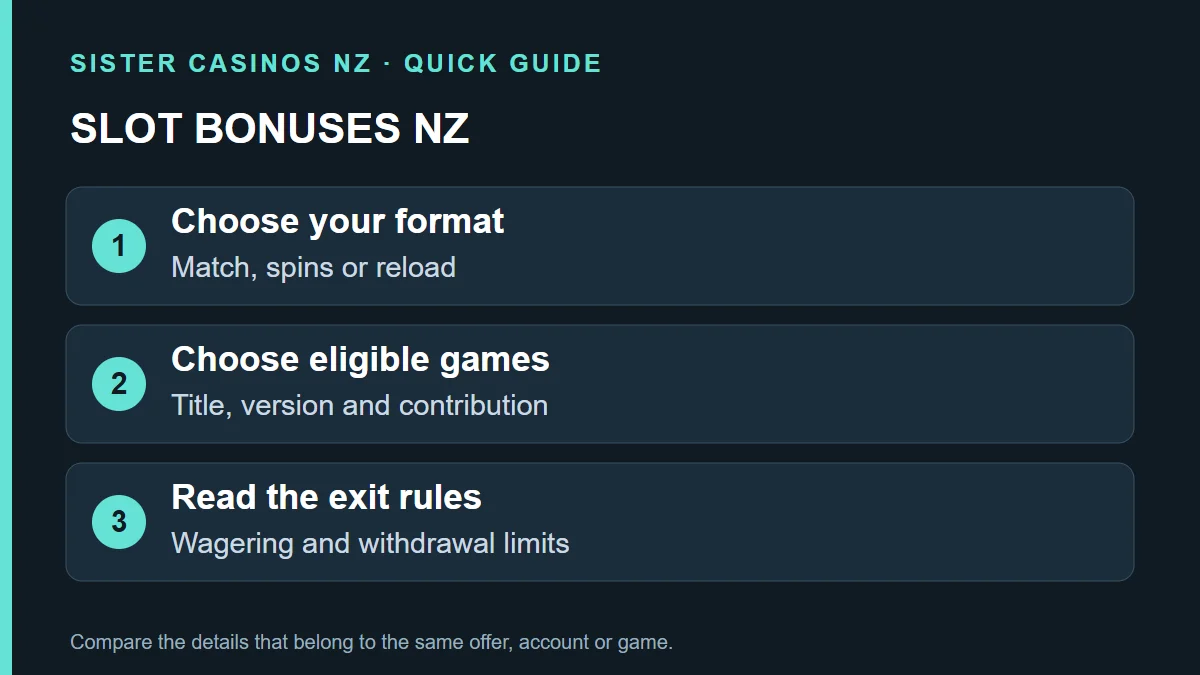 SLOT BONUSES NZ: Choose your format; Match, spins or reload; Choose eligible games; Title, version and contribution; Read the exit rules; Wagering and withdrawal limits