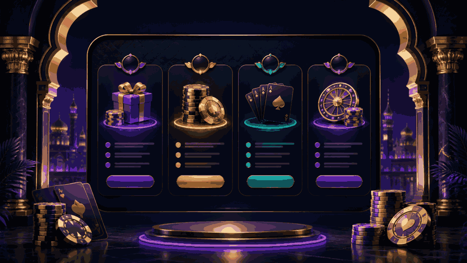 Dark palace-themed casino bonus comparison with four offer cards