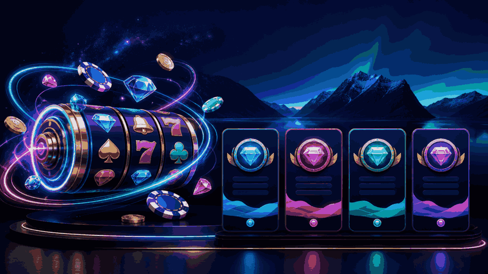 Neon spinning reel beside four casino bonus comparison cards