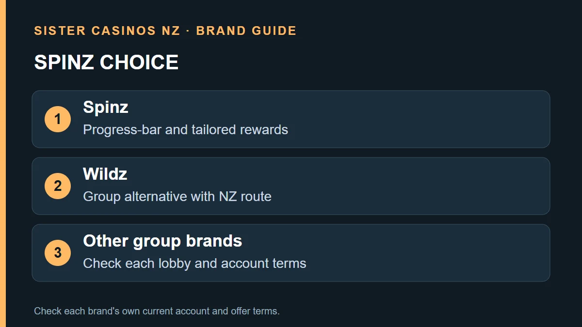 SPINZ CHOICE: Spinz; Progress-bar and tailored rewards; Wildz; Group alternative with NZ route; Other group brands; Check each lobby and account terms