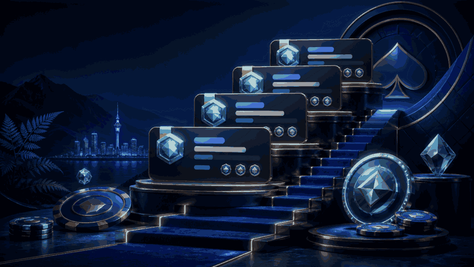 VIP staircase, reward cards and casino tokens overlooking Auckland at night