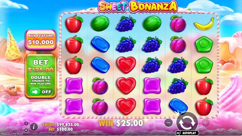 Sweet Bonanza base game grid with fruit and candy symbols