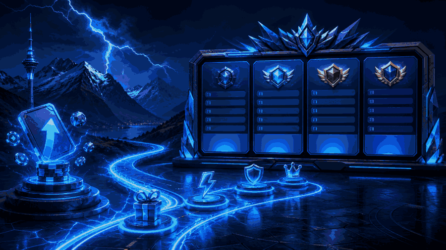 Electric blue casino reward path leading to four aligned comparison cards