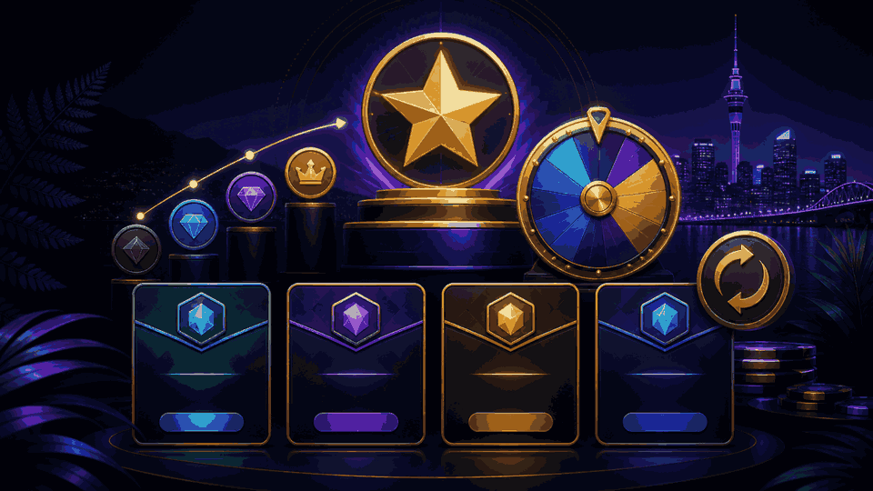 Gold star, loyalty levels and cashback wheel above four dark casino offer cards